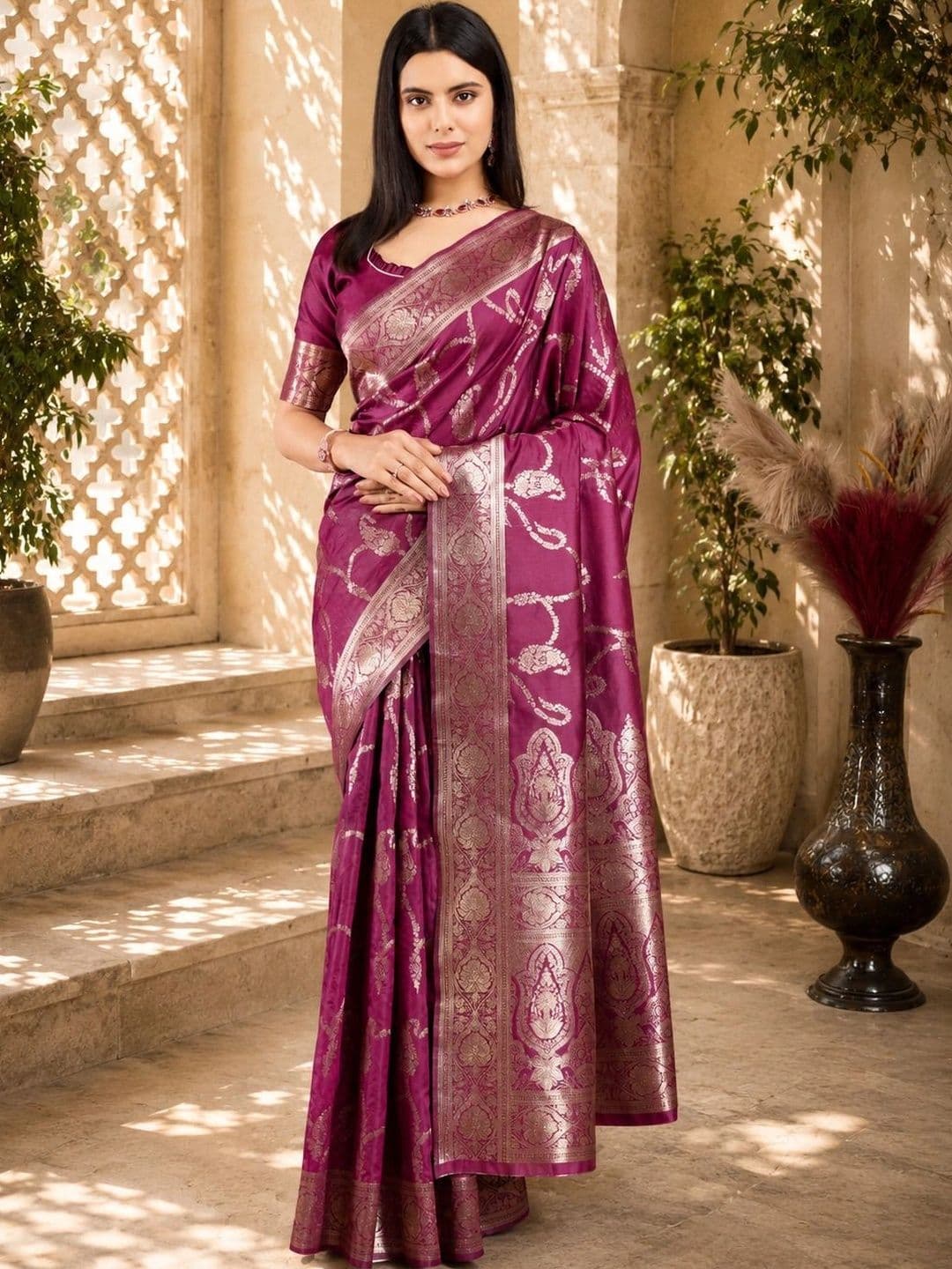 Durga Textile Woven Design Zari Silk Blend Banarasi Saree - view 1