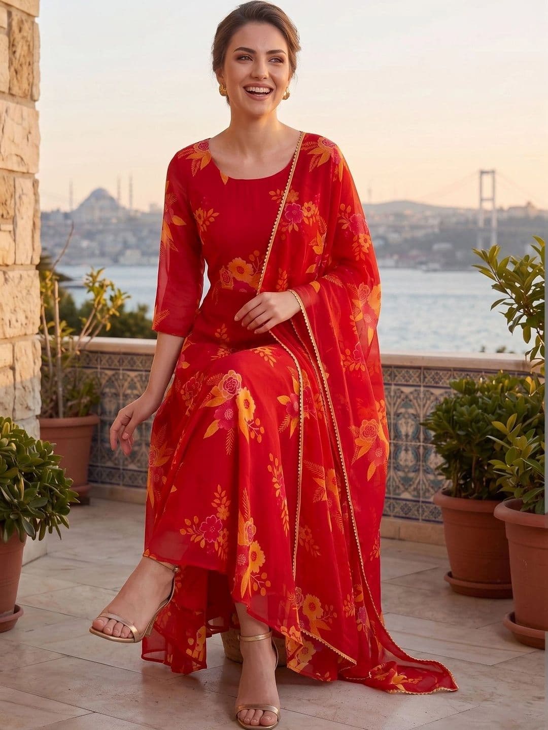 SZN Printed Anarkali Gown With Dupatta - view 1