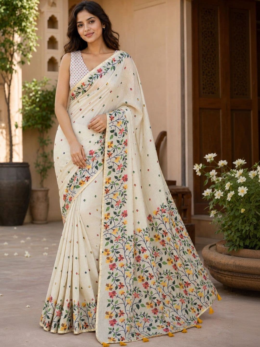 Sangria Floral Zari Linen Blend Saree - view 1