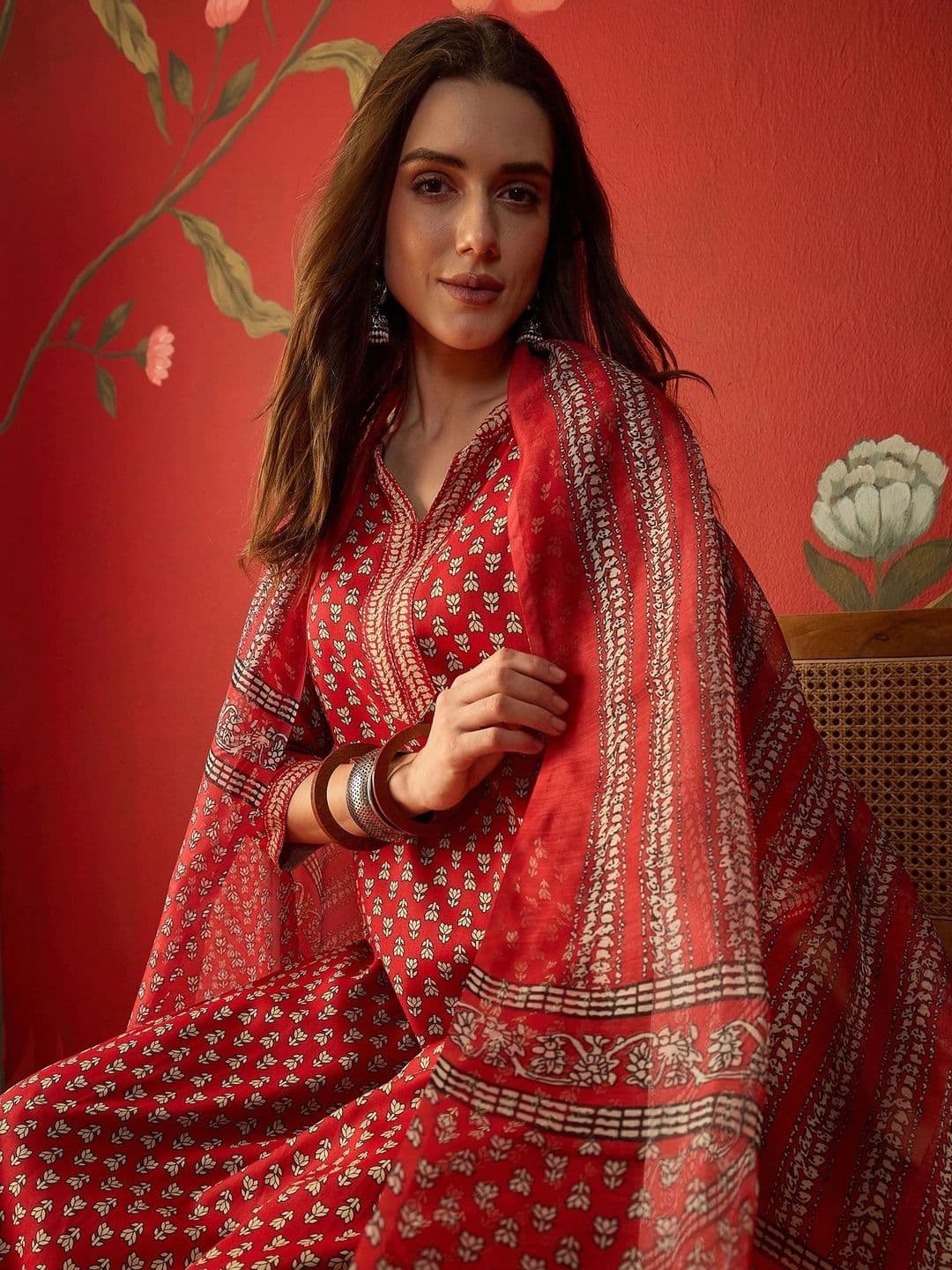 Sangria Women Ethnic Motifs Printed Regular Thread Work Kurta with Trousers & With Dupatta - view 1