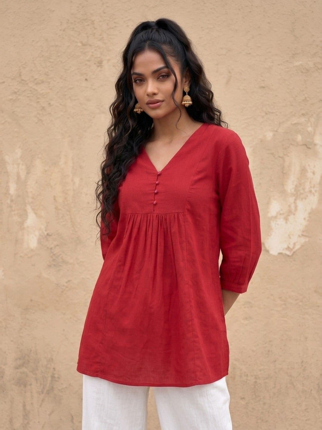 fusion by glitchez Gathers V-Neck Cotton-Linen A-Line Kurti - view 1