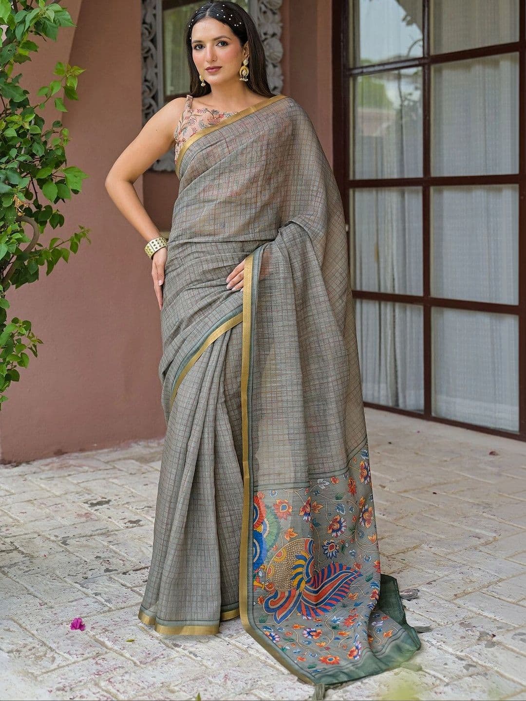 Satrani Kalamkari Pure Linen Fusion Saree - view 1