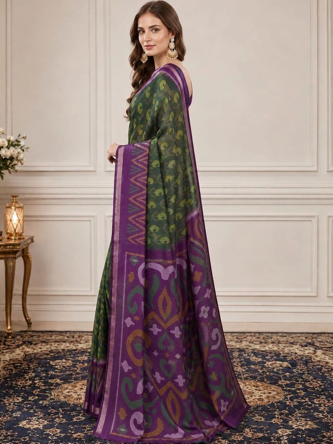 V3 FASHION STUDIO Kalamkari Zari Linen Blend Handloom Block Print Saree - view 1