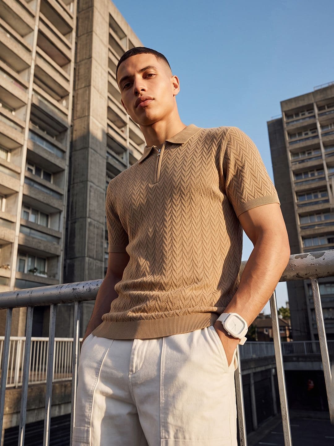The Roadster Life Co. Polo Collar Self Design Textured Pure Cotton T-shirt - view 1
