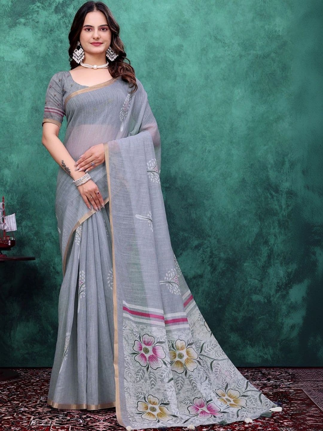 KANURIKAA Floral Linen Blend Block Print Saree - view 1