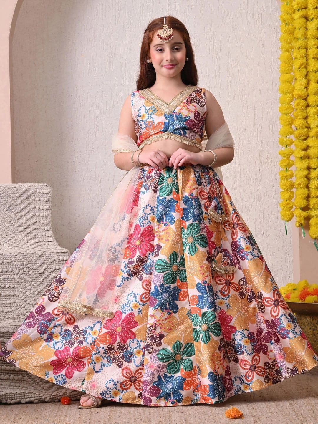 Indi-Loom Couture Girls Printed Ready to Wear Lehenga & Blouse With Dupatta - view 1