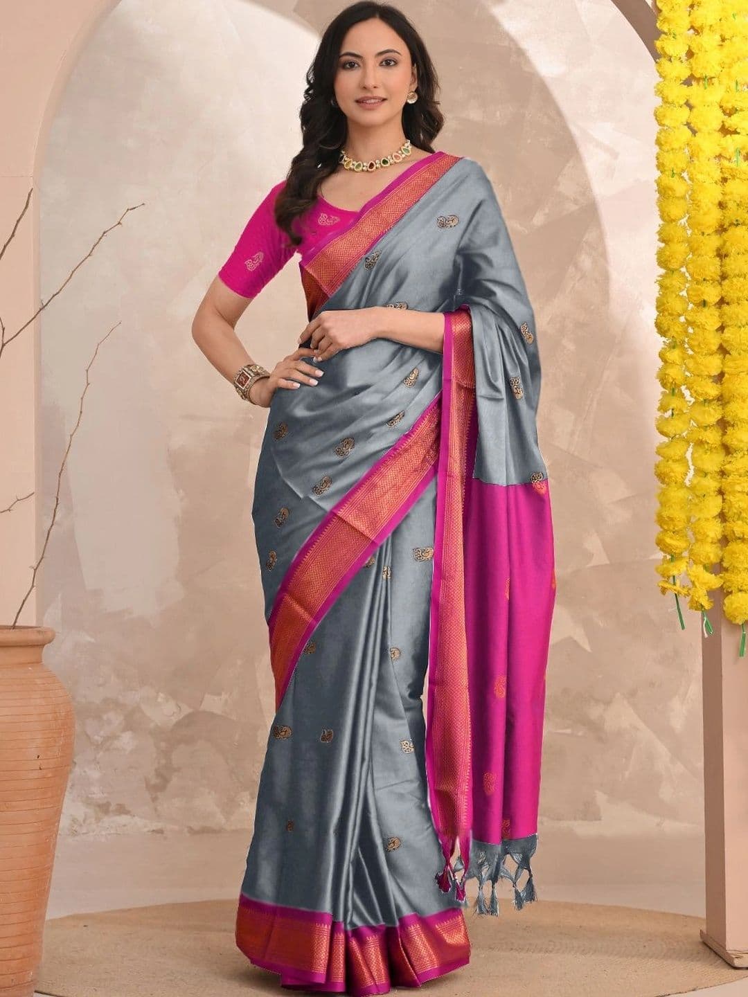 Mitera Ethnic Motifs Zari Silk Cotton Paithani Saree - view 1