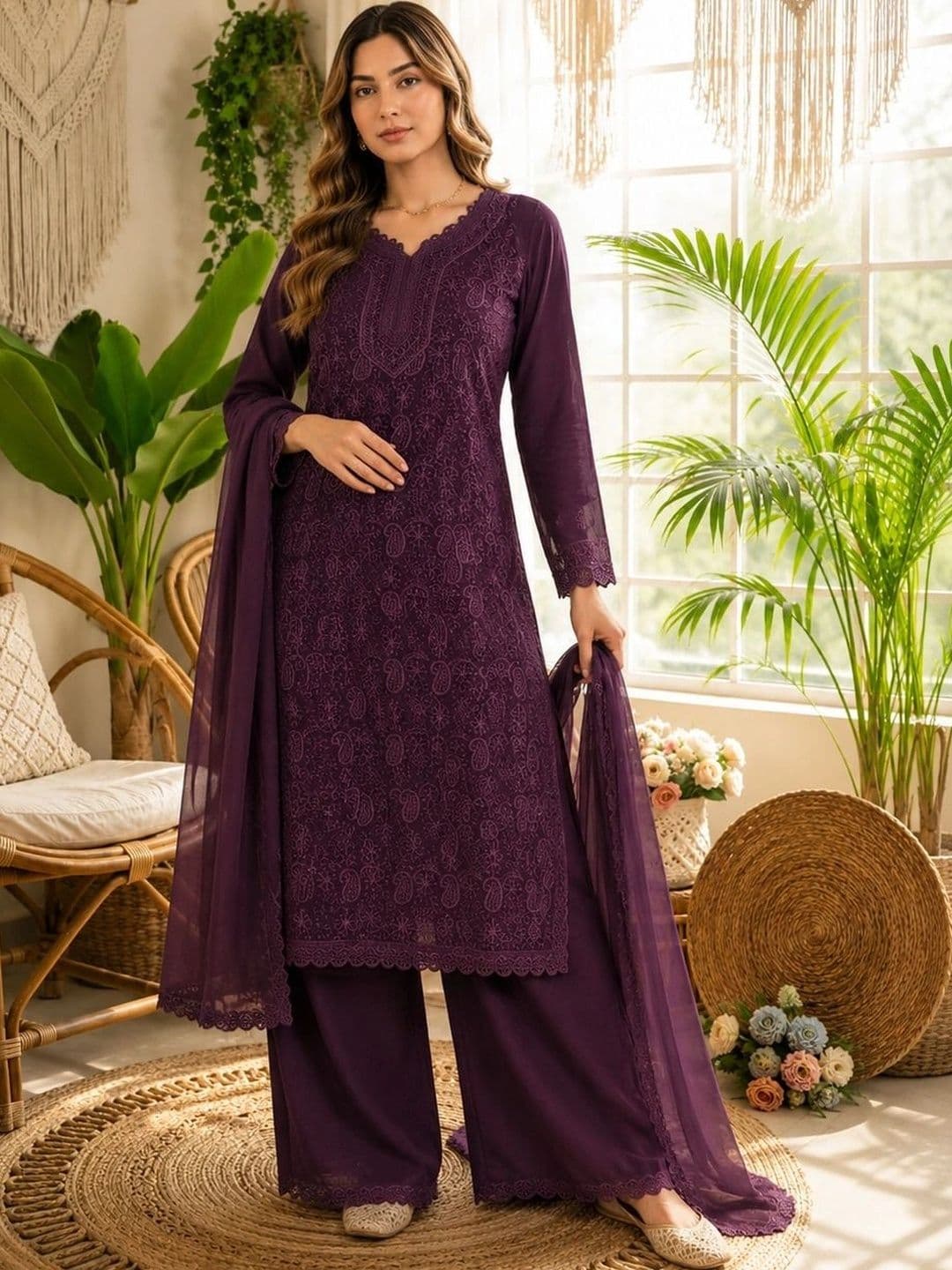 Moda Rapido Women Ethnic Motifs Embroidered Regular Thread Work Kurta with Palazzos & With Dupatta - view 1