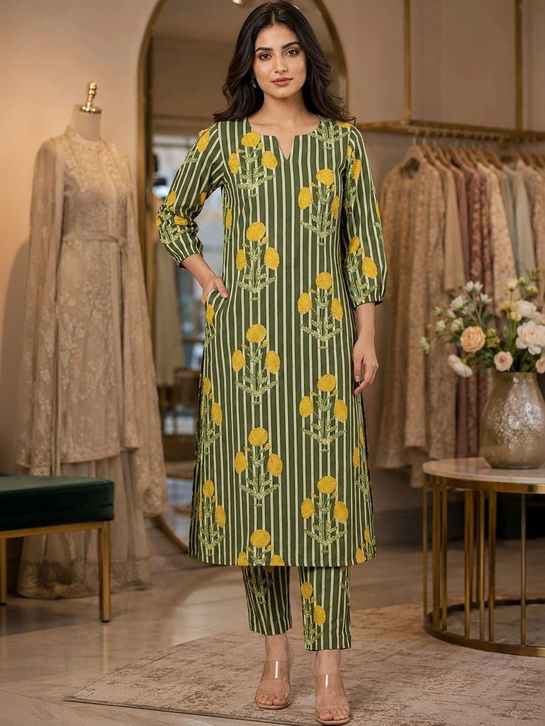 Bunai Women Floral Printed Regular Kurta with Trousers - view 1