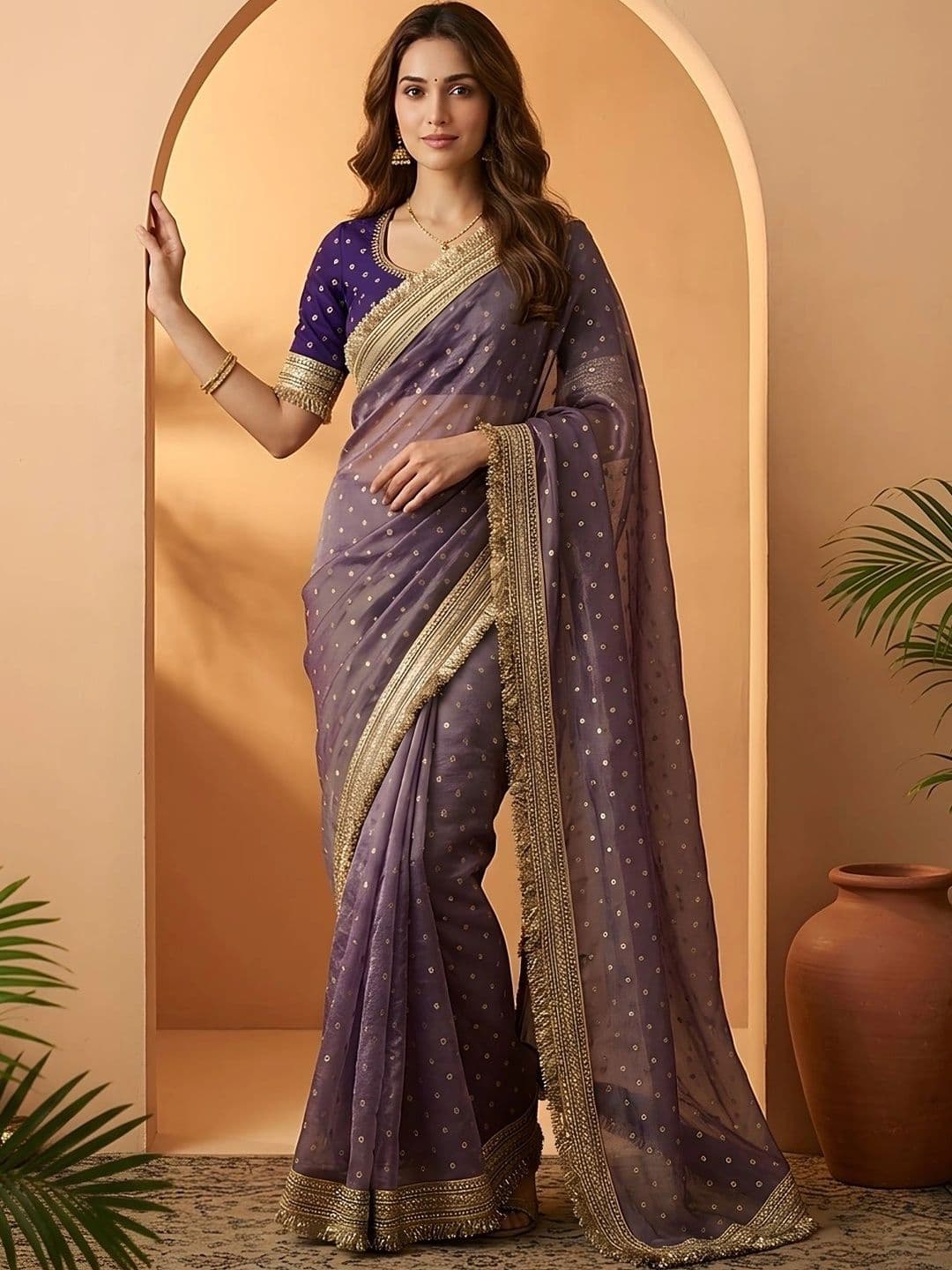 Sangria Embellished Zari Pure Chiffon Heavy Work Saree - view 1
