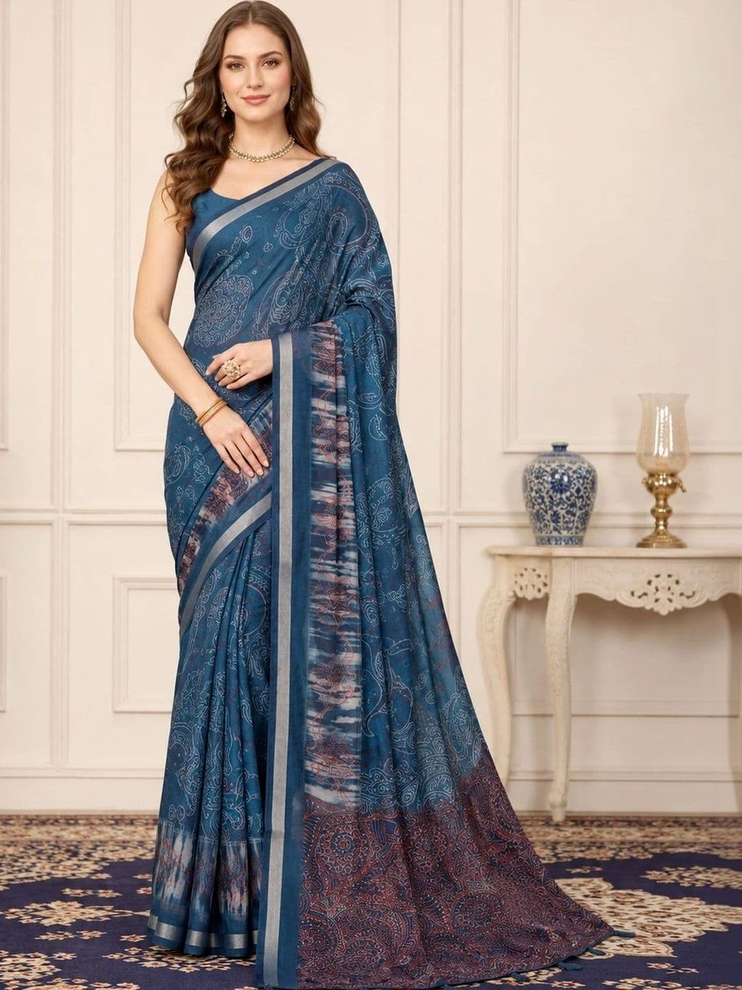 KALINI Paisley Zari Linen Blend Handloom Block Print Saree - view 1