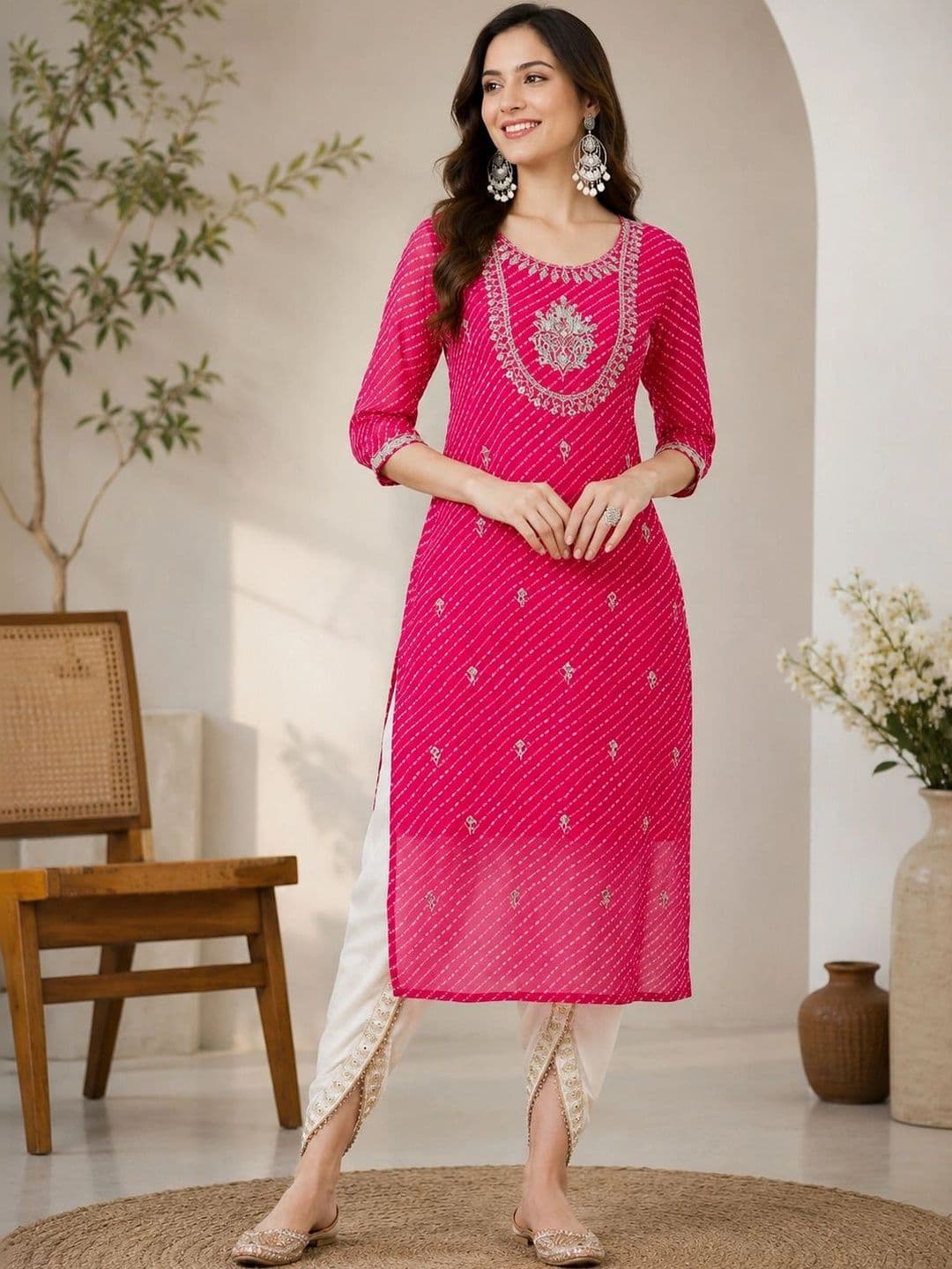 Sangria Women Leheriya Printed Thread Work Georgette Kurta - view 1