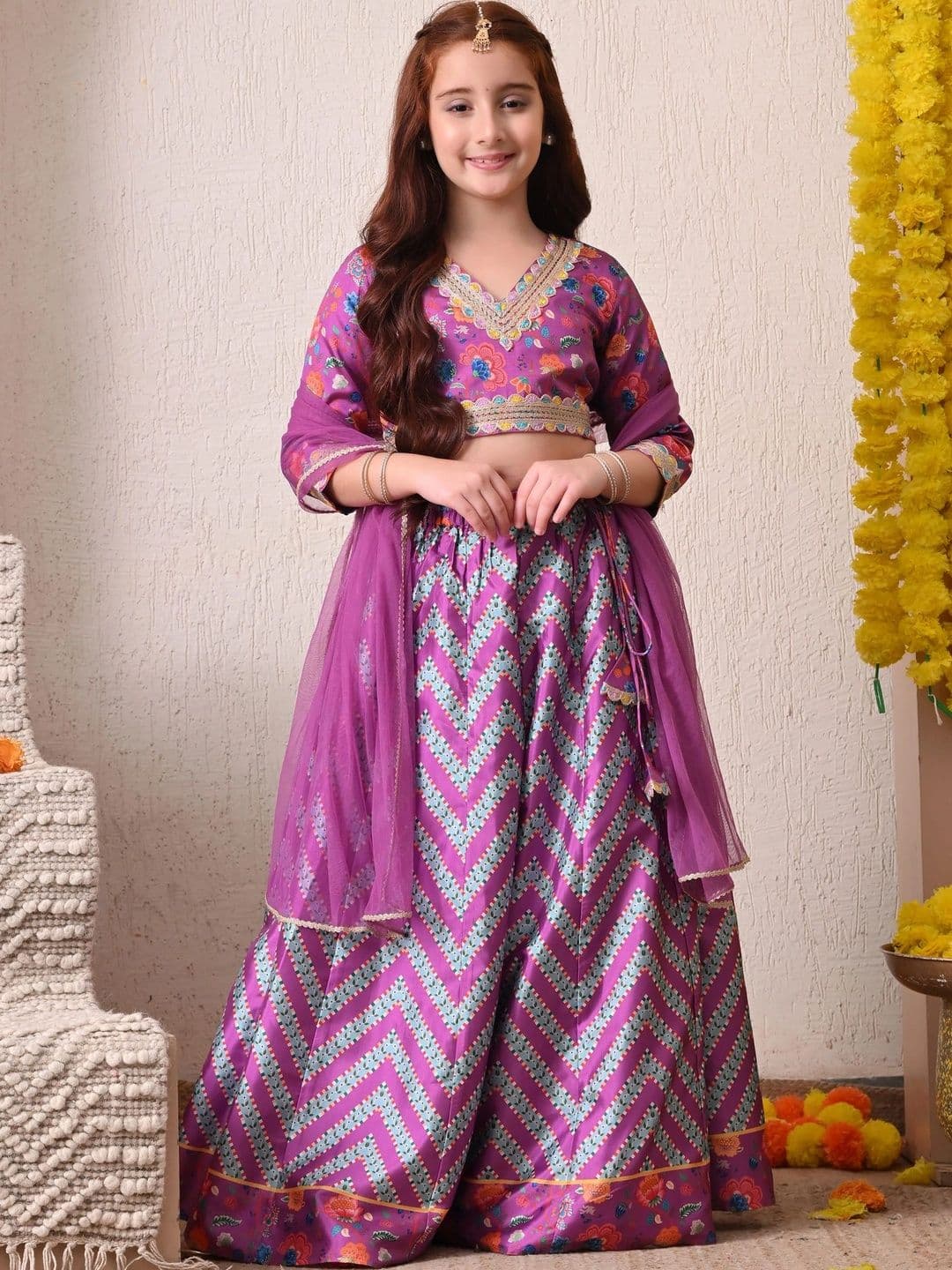 Indi-Loom Couture Girls Printed Thread Work Ready to Wear Lehenga & Blouse With Dupatta - view 1