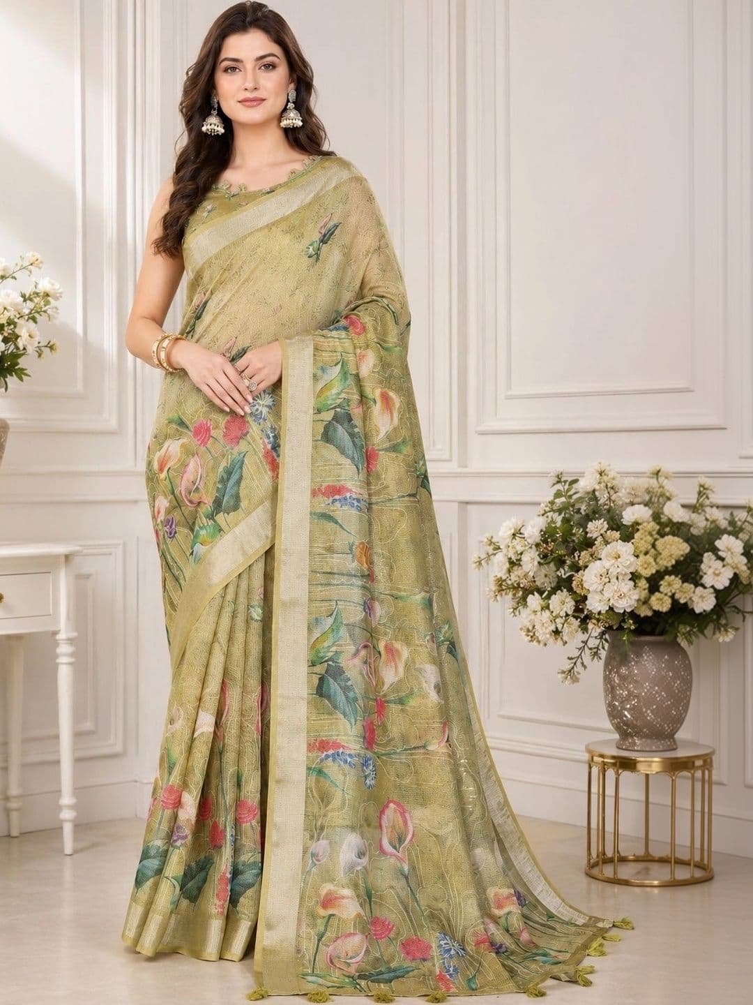 V3 FASHION STUDIO Ethnic Motifs Zari Linen Blend Designer Block Print Saree - view 1