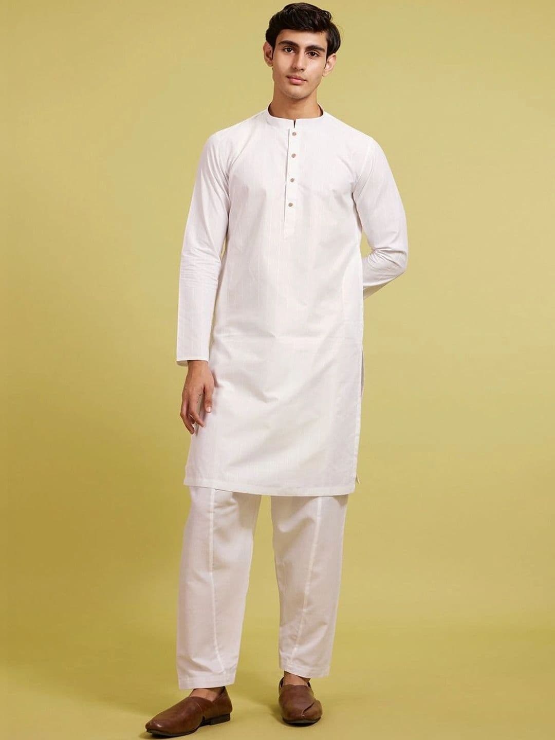 Diwas by Manyavar Striped Printed Woven Design Cotton Mandarin Collar Straight Kurta - view 1