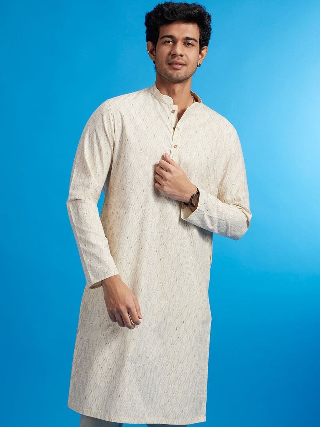 Diwas by Manyavar Geometric Printed Mandarin Collar Straight Kurta - view 1