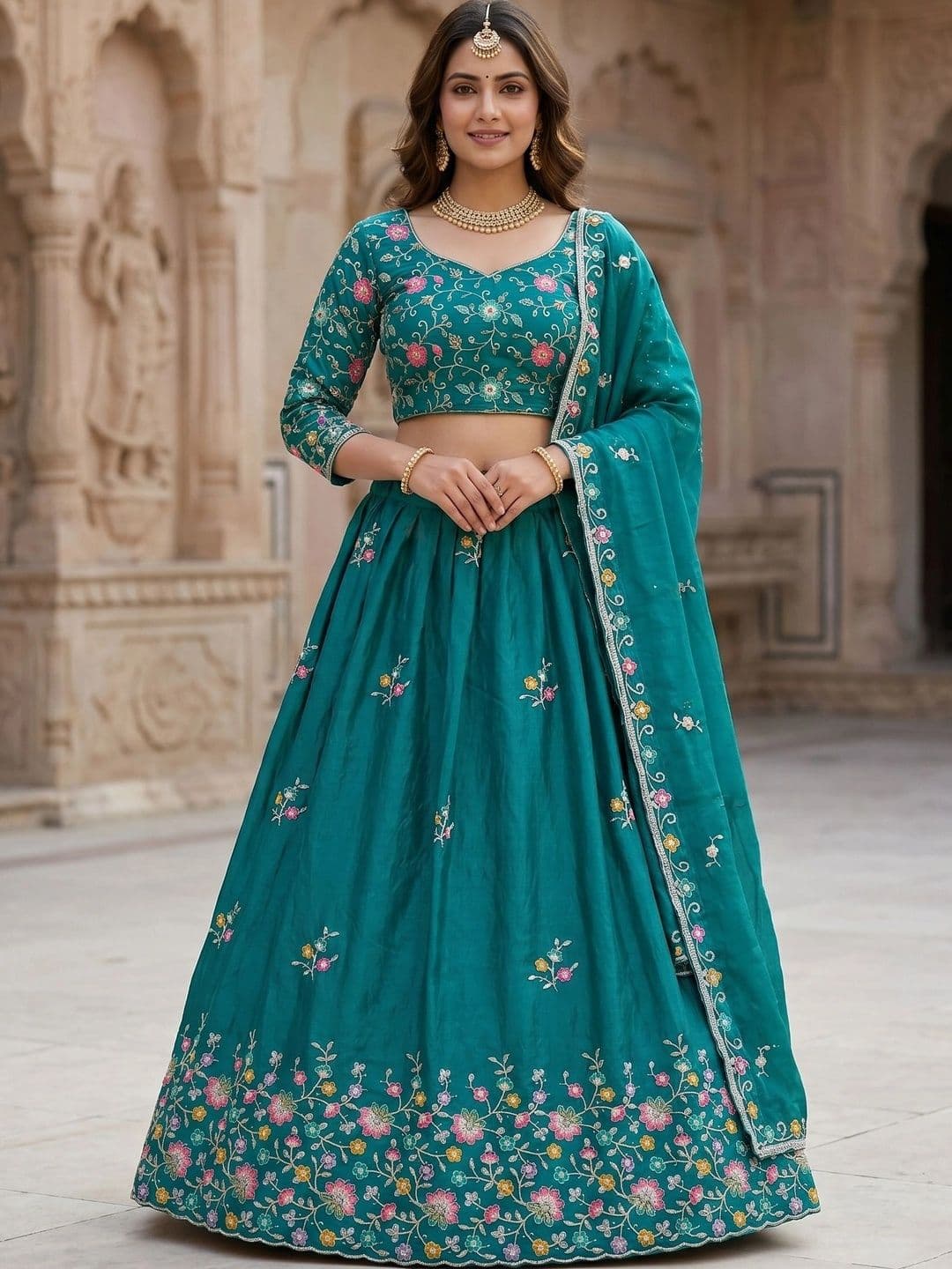 Fashorama Embroidered Thread Work Semi-Stitched Lehenga & Unstitched Blouse With Dupatta - view 1