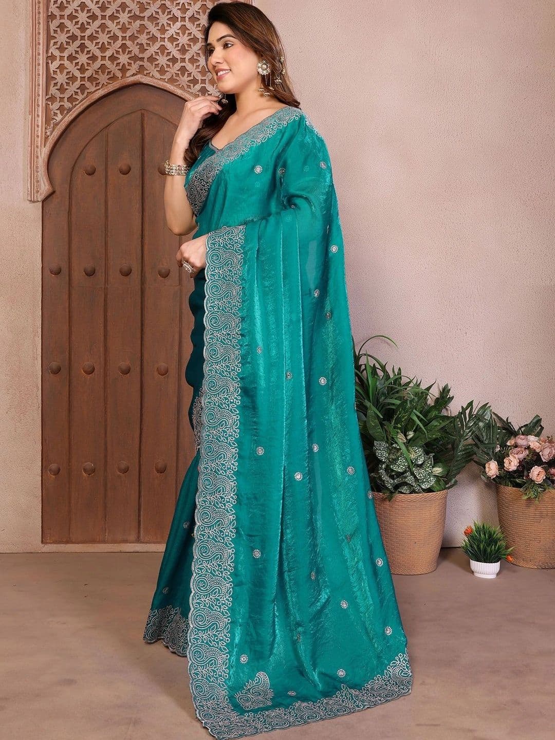 NIRVAAN Paisley Embroidered Satin Designer Saree - view 1