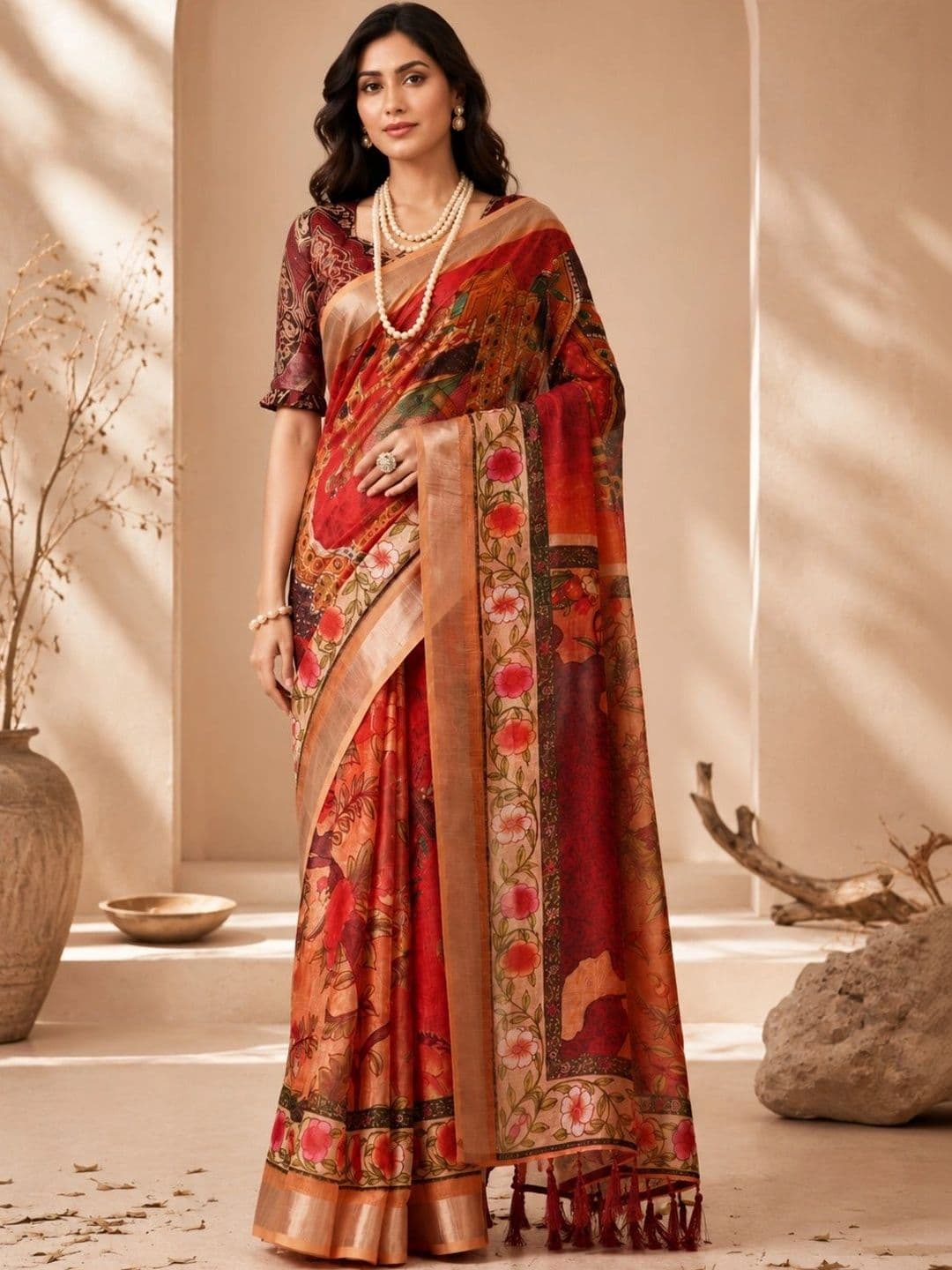 LIYA CREATION Women Ethnic Motifs Linen Blend Saree - view 1