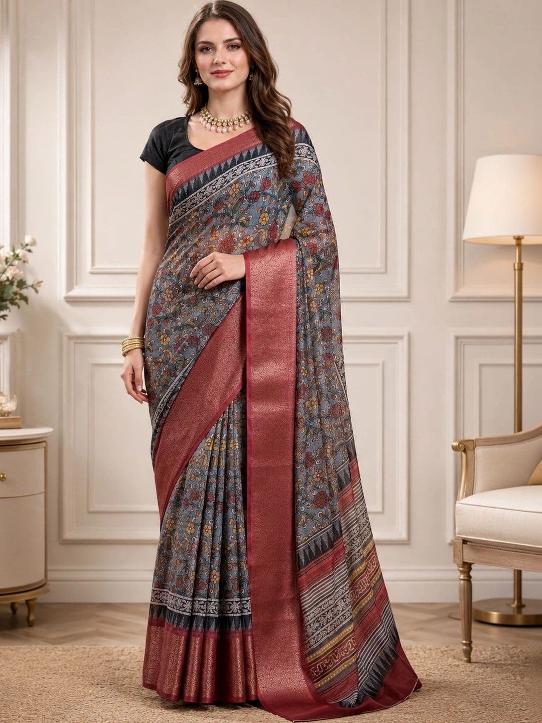Mitera Paisley Zari Handloom Block Print Saree - view 1