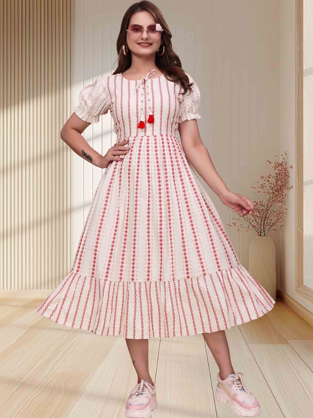 QENA Print Puff Sleeve Ruffled A-Line Midi Dress - view 1