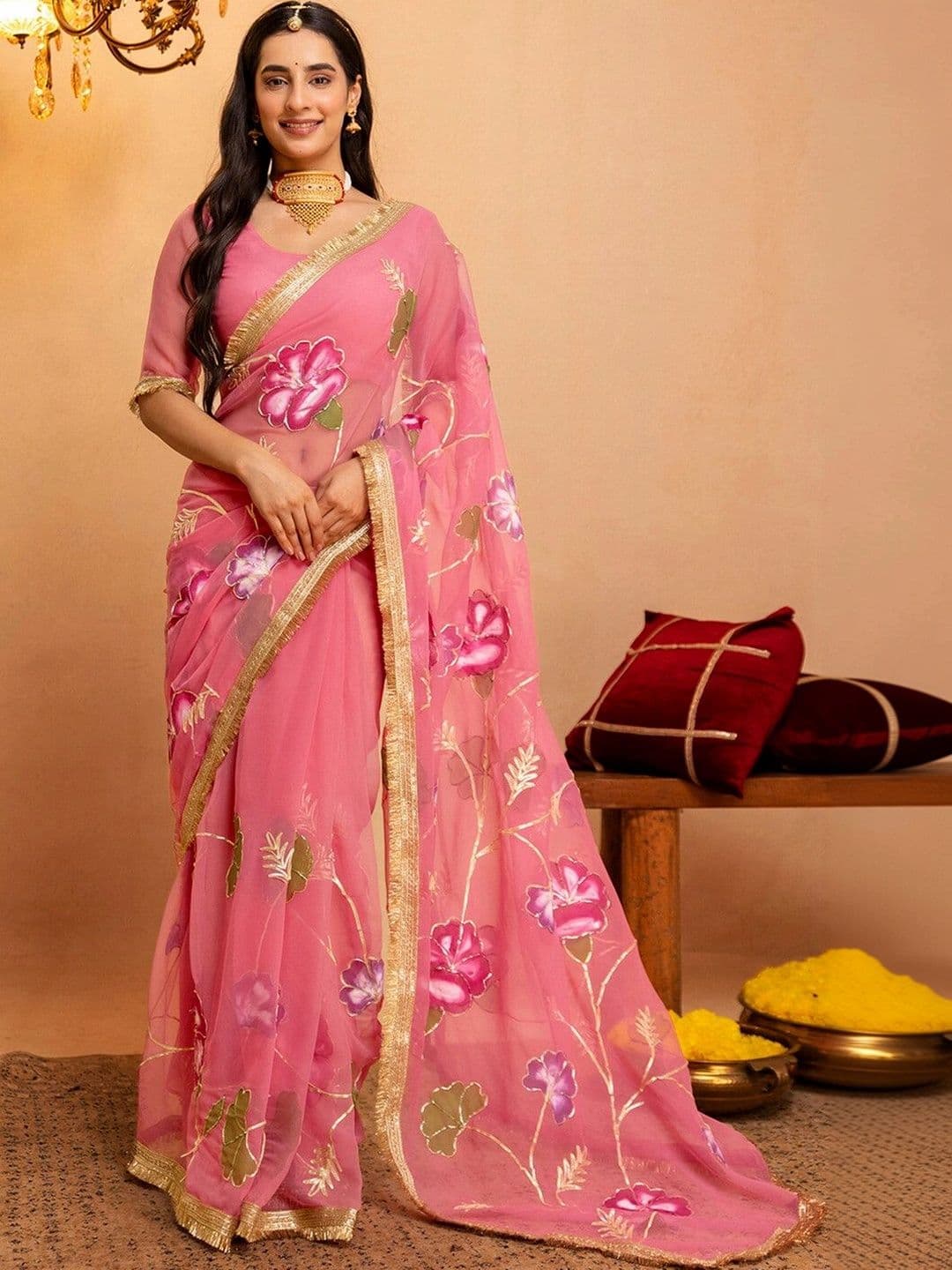 Satrani Floral Gotta Patti Tissue Fusion Saree - view 1