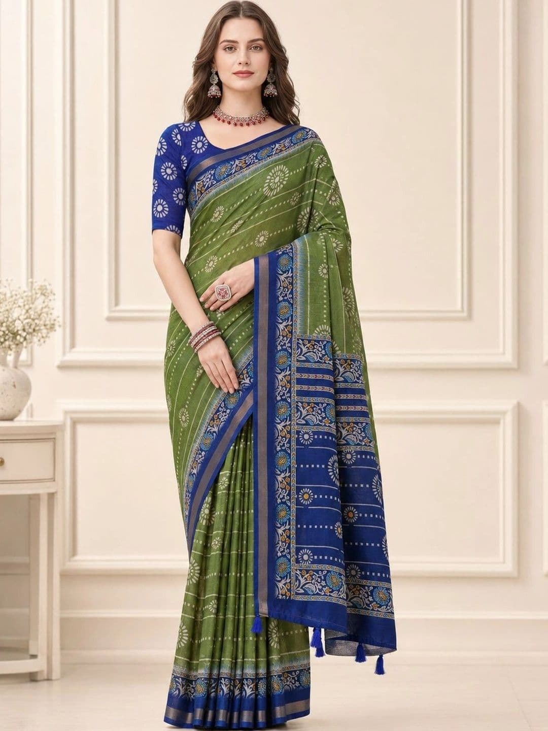 Mitera Floral Zari Designer Block Print Saree - view 1