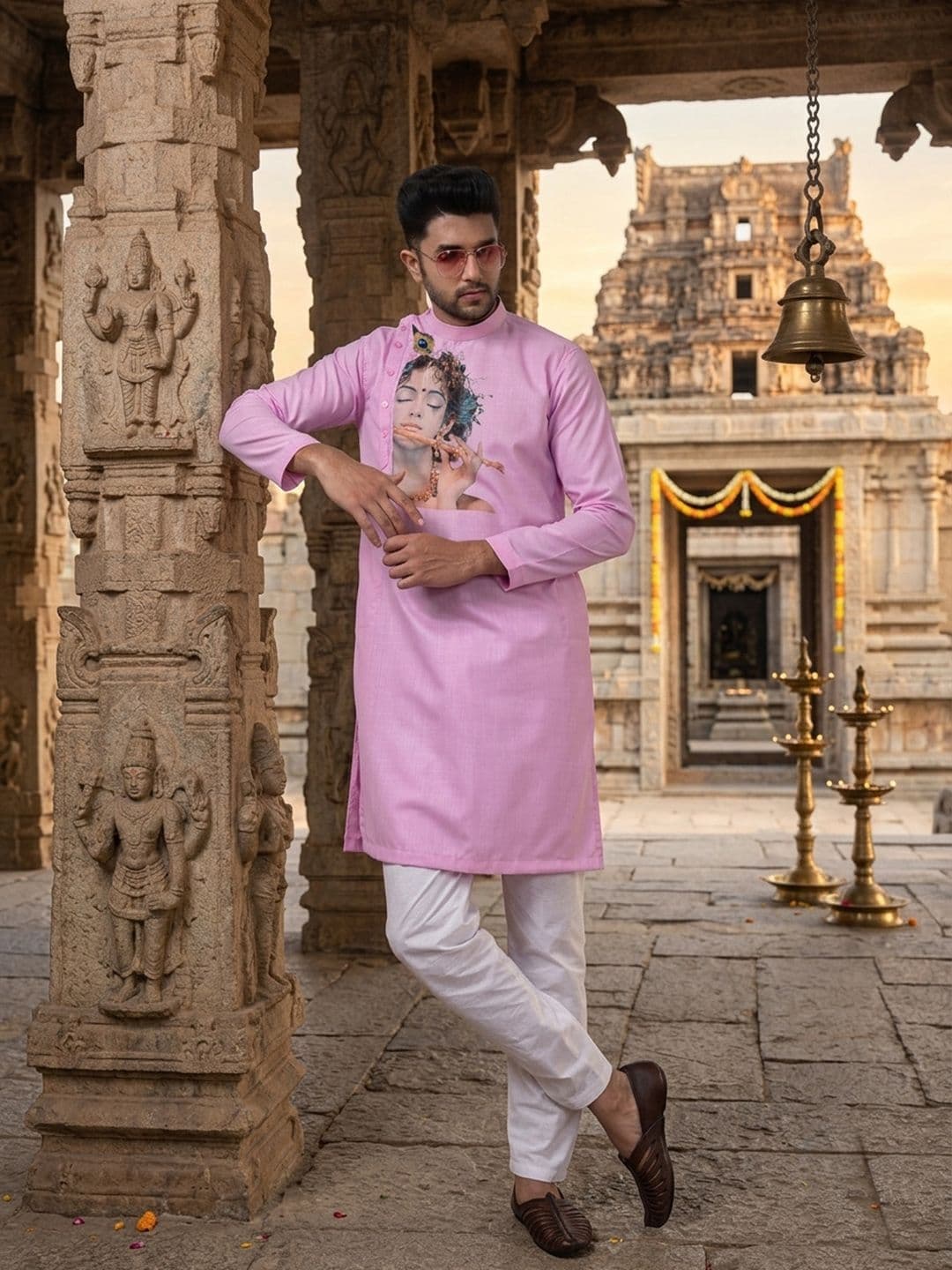 Dincharya Men Ethnic Motifs Printed Indie Prints Mandarin Collar Pure Cotton Kurta - view 1