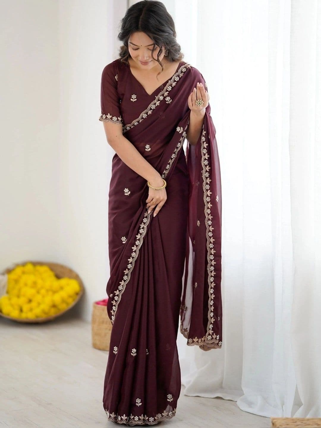 NIRVAAN Floral Embroidered Poly Georgette Saree - view 1