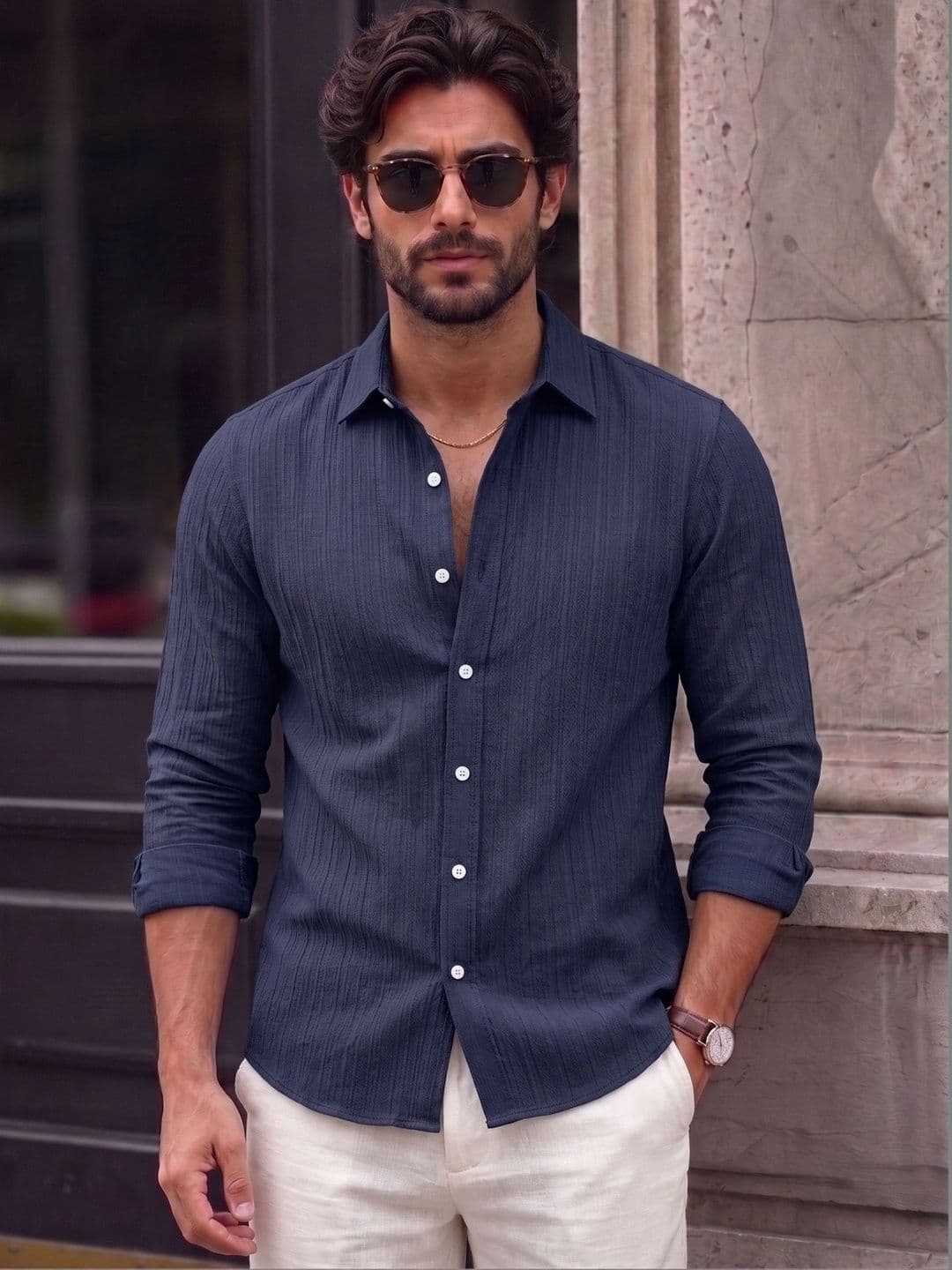 FINIVO FASHION Textured Long Sleeves Slim Fit Casual Shirt - view 1