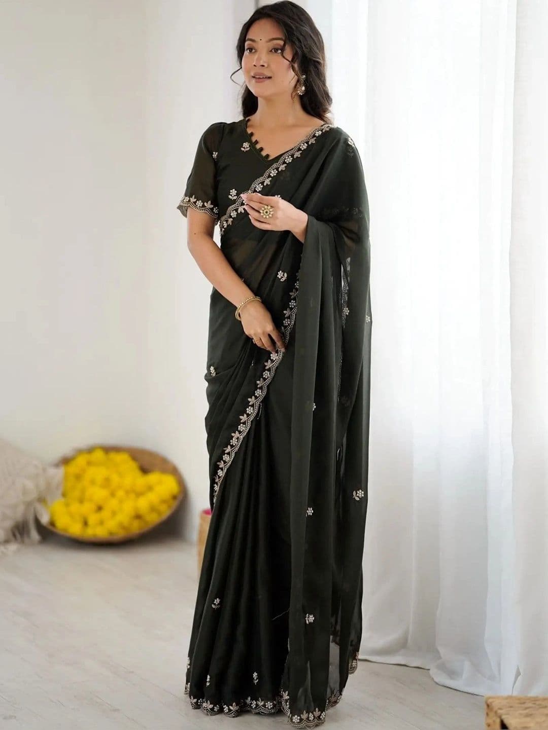 NIRVAAN Floral Embroidered Poly Georgette Saree - view 1