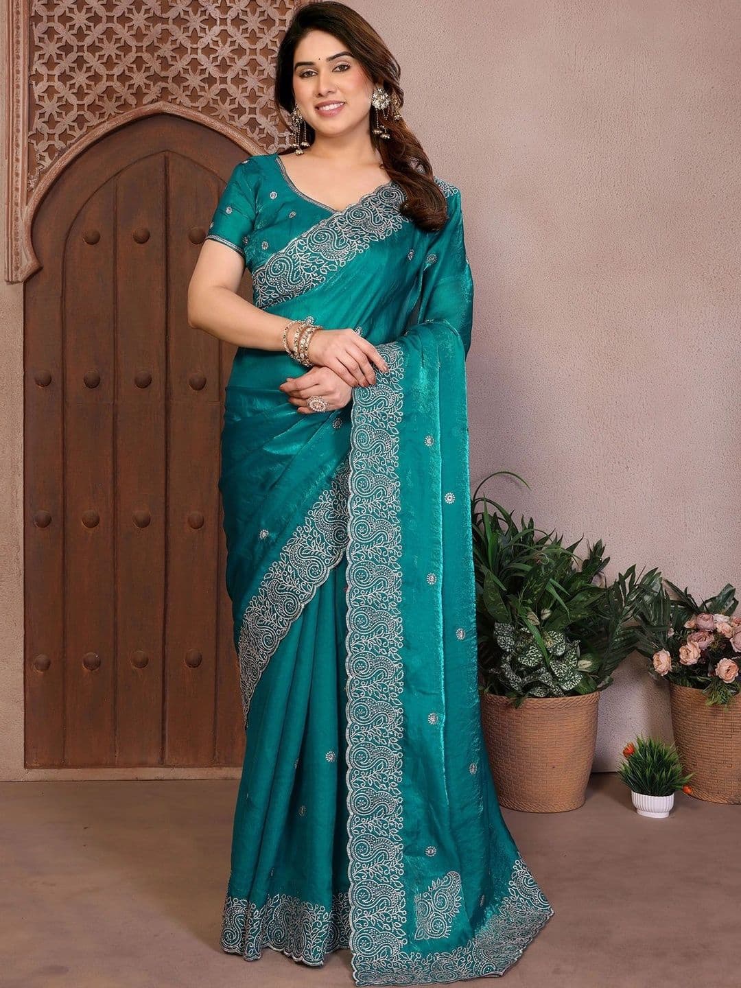 NIRVAAN Ethnic Motifs Embroidered Satin Designer Saree - view 1