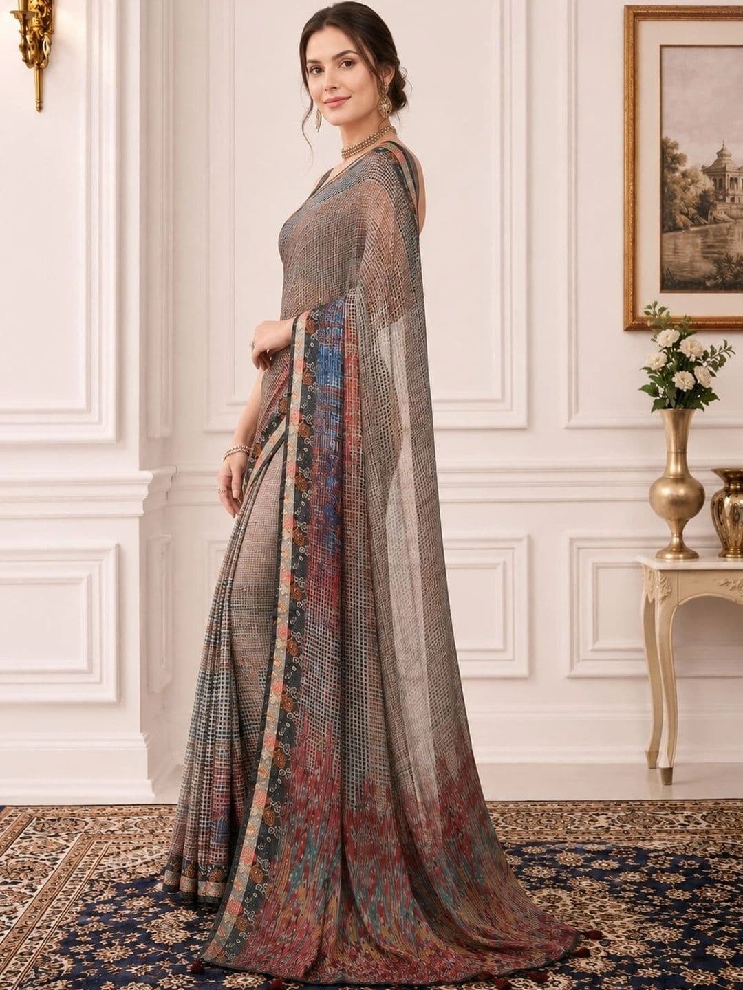 Mitera Ethnic Motifs Zari Linen Blend Handloom Block Print Saree - view 1