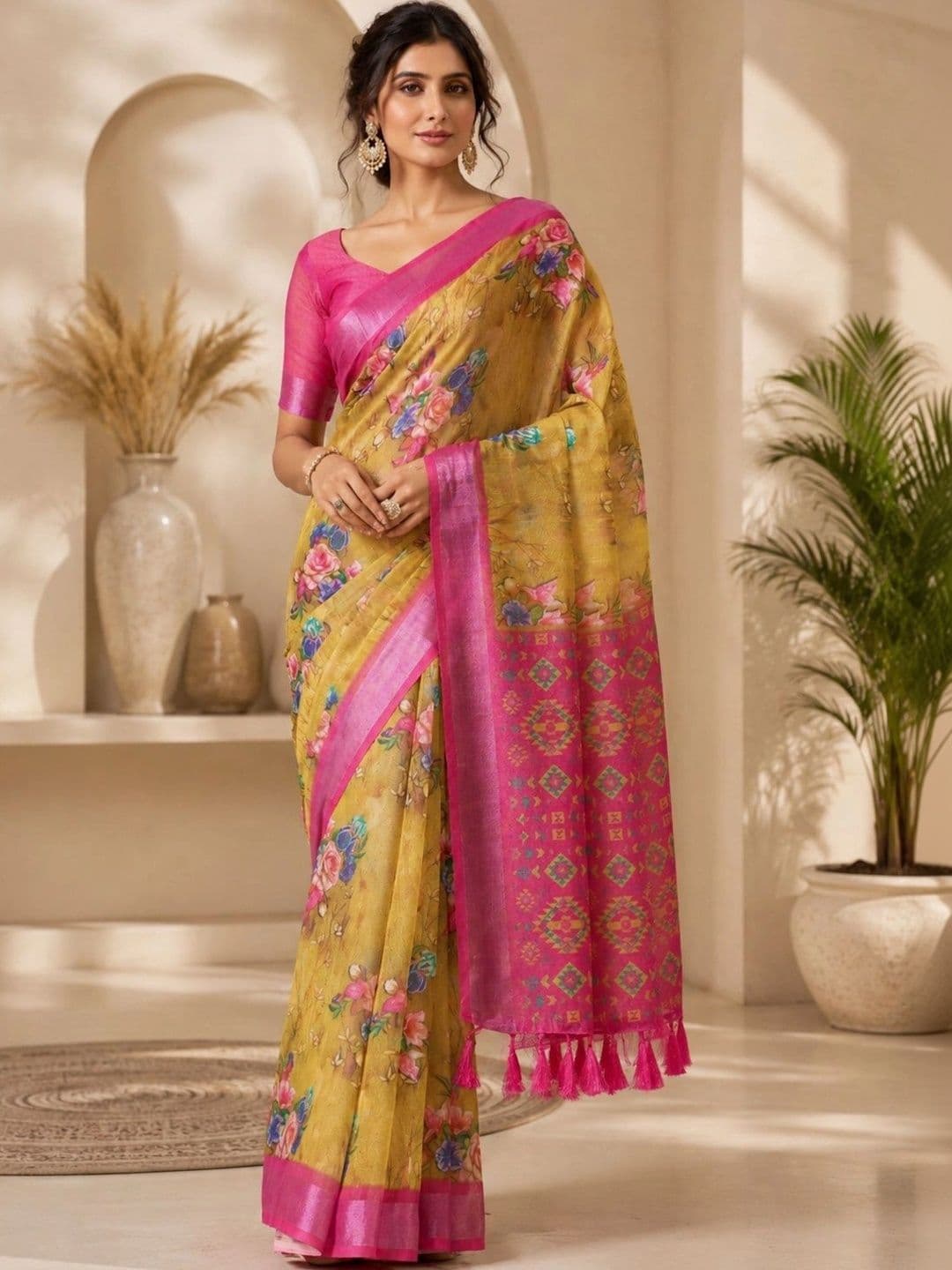 LIYA CREATION Ethnic Motifs Linen Blend Saree - view 1