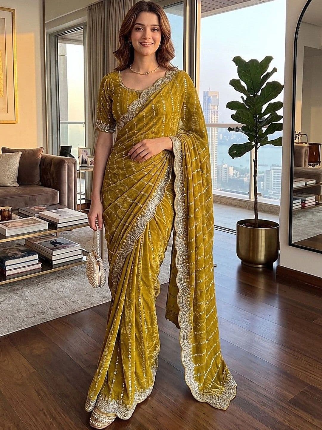 HESVI Embellished Embroidered Satin Heavy Work Saree - view 1