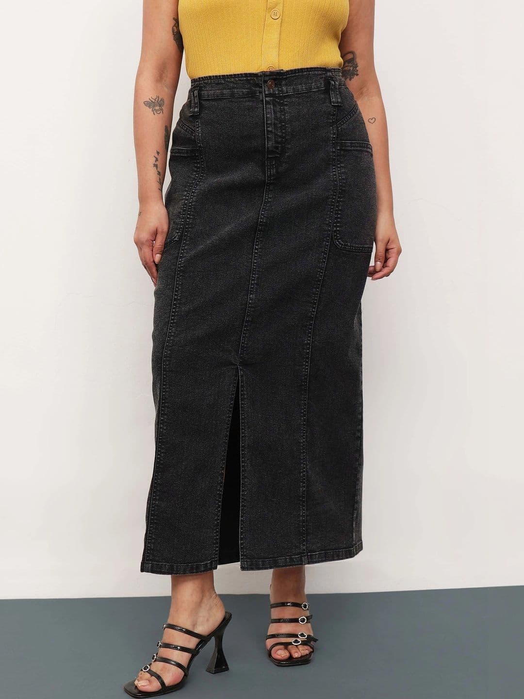 SASSAFRAS Curve Women Denim Sleek Utility Front Slit Maxi Straight Skirt - view 1