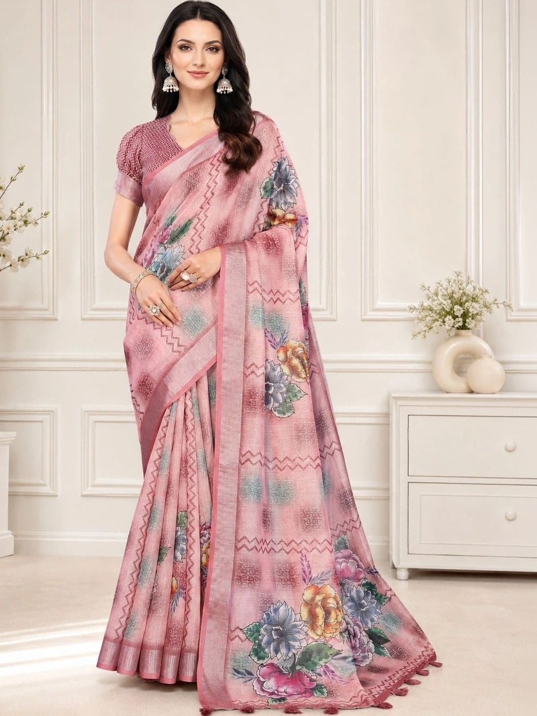 V3 FASHION STUDIO Floral Zari Linen Blend Designer Block Print Saree - view 1