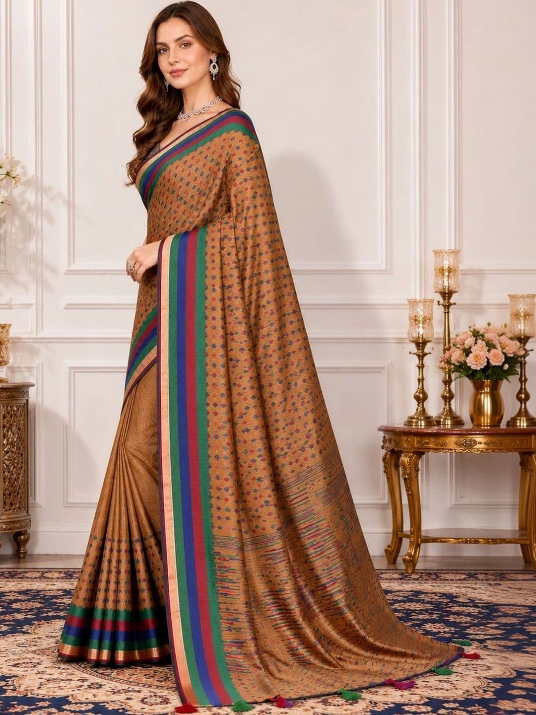 V3 FASHION STUDIO Ethnic Motifs Zari Linen Blend Block Print Saree - view 1