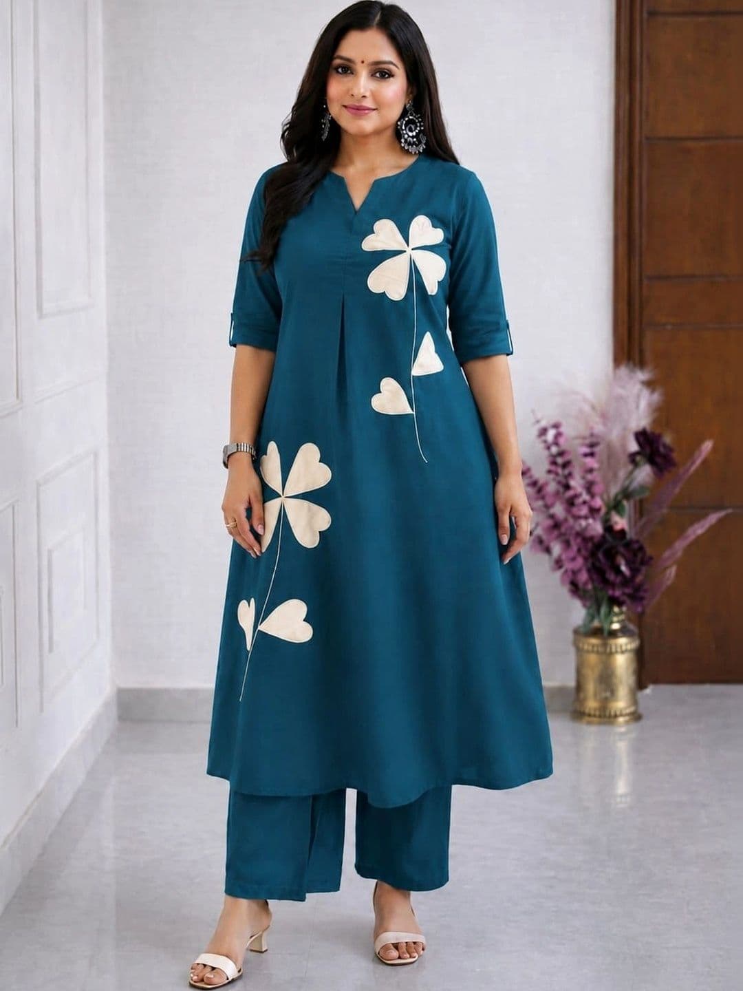 Vogue by Avantika Floral Printed Regular Pure Cotton Kurta with Palazzos - view 1