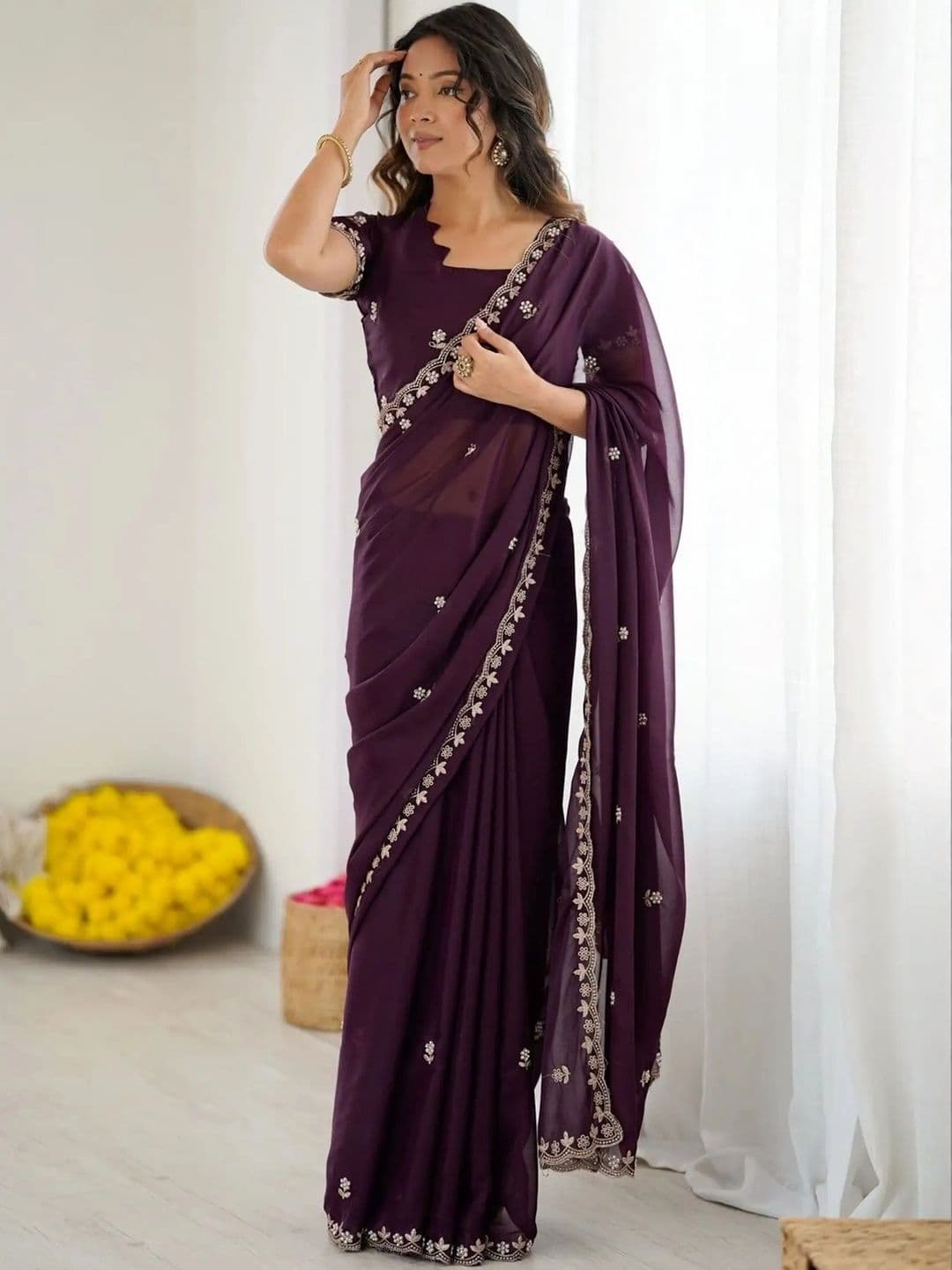JANOI Floral Embroidered Poly Georgette Saree - view 1