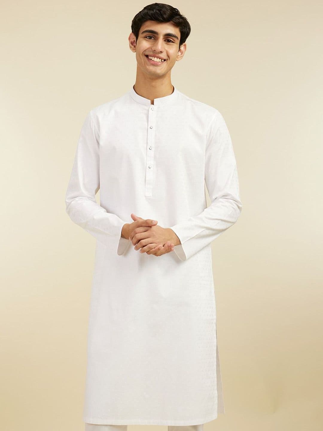 Diwas by Manyavar Geometric Woven Design Mandarin Collar Cotton Straight Kurta - view 1