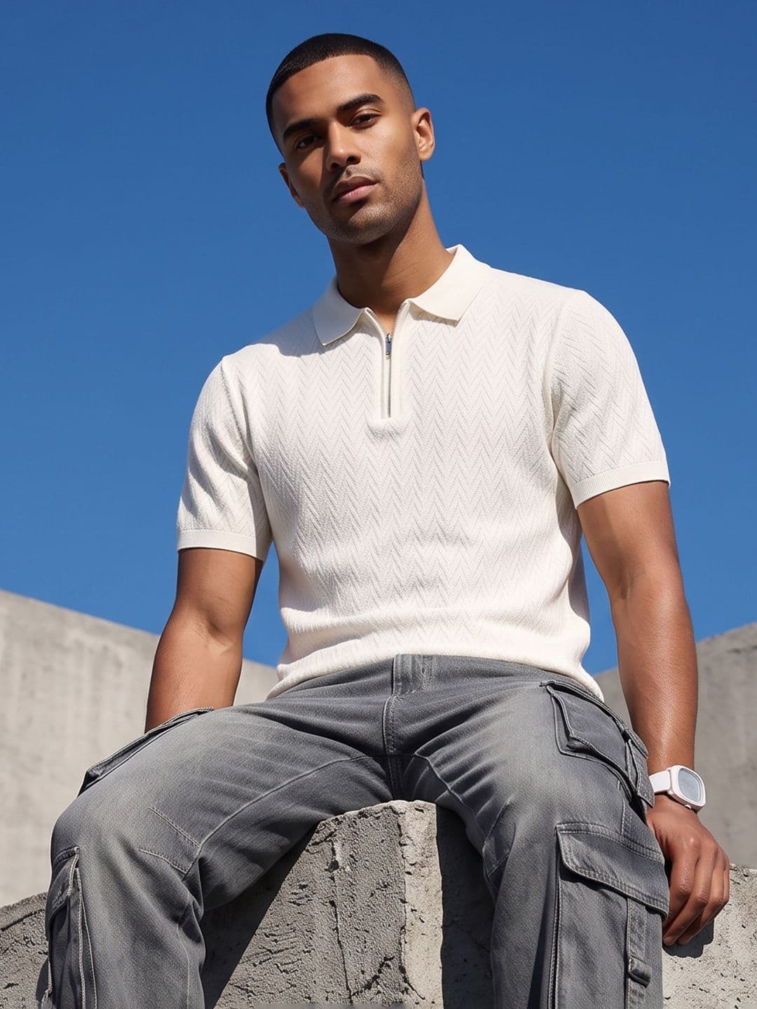 The Roadster Life Co. Polo Collar Self Design Textured Pure Cotton T-shirt - view 1