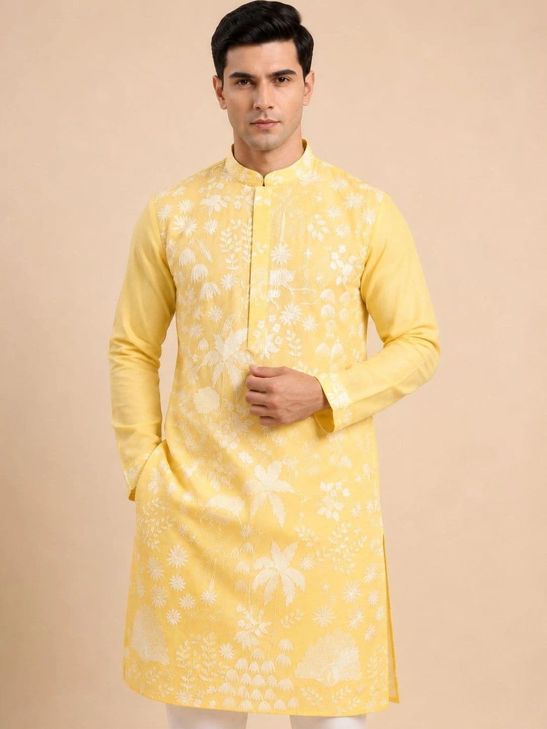 House of Pataudi Men Floral Embroidered Chikankari Kurta - view 1