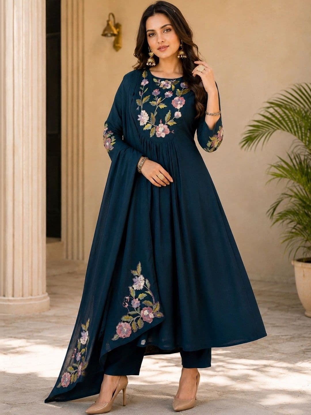 JEEREVA Women Floral Embroidered Empire Thread Work Kurta with Trousers & With Dupatta - view 1