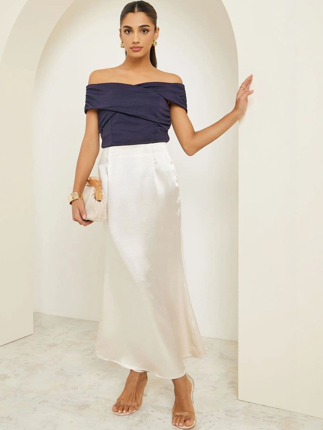 Styli Women Cream Solid High-Waisted Maxi A-Line Skirt - view 1