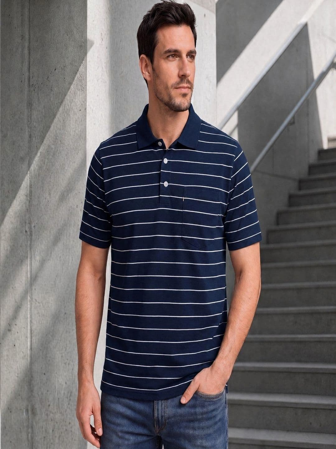 Moda Rapido Men Striped Polo Collar Pockets T-shirt - view 1