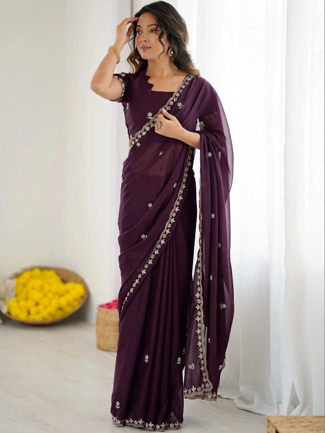 SZN Floral Embroidered Poly Georgette Saree - view 1
