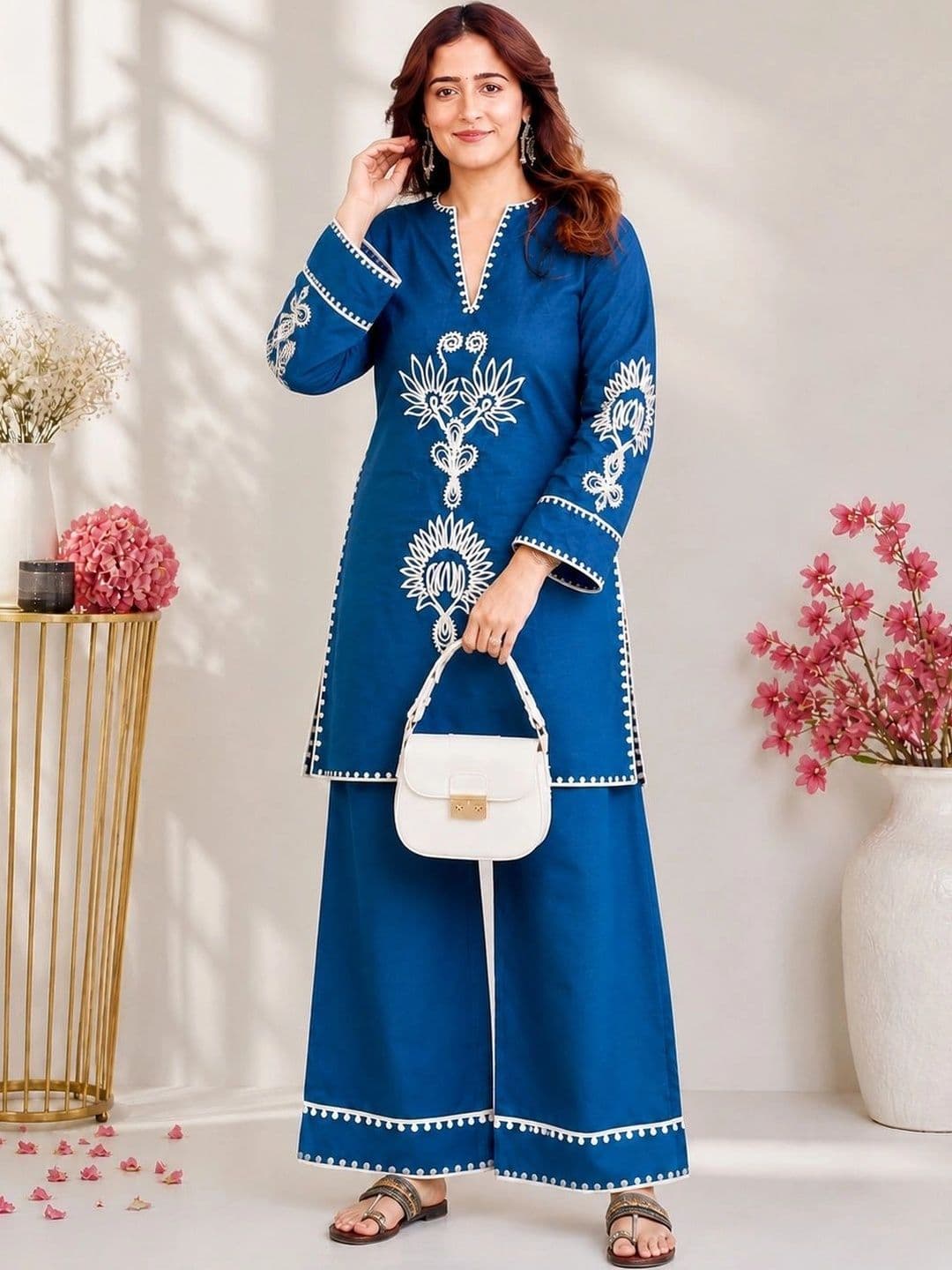 Wtune Women Floral Embroidered Regular Thread Work Kurta with Palazzos - view 1