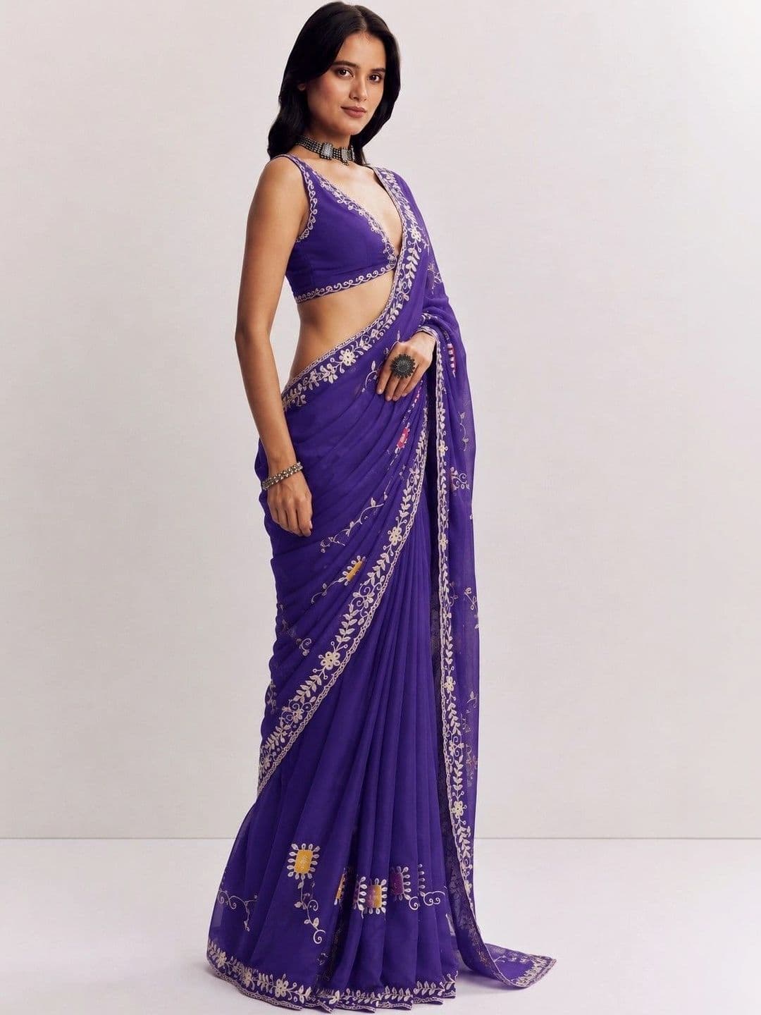 Sangria Floral Embroidered Satin Saree - view 1