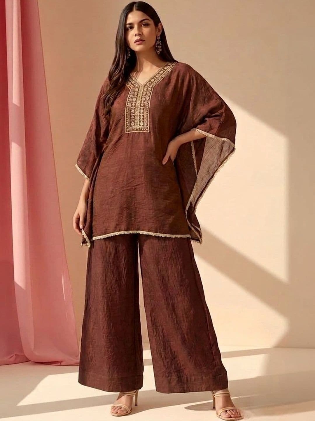 MOKOSH Women Coffee Silk Embroidered Kaftan Kurta And Blouse With Palazzo Set - view 1